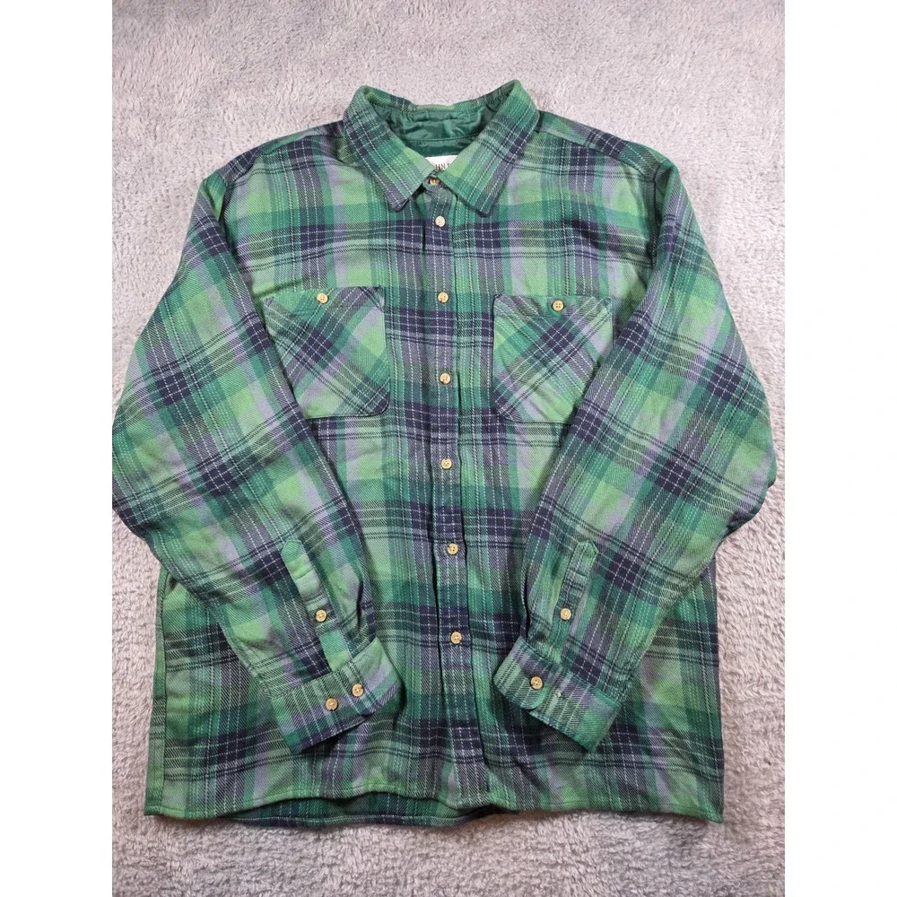 John Blair Flannel Shirt Jacket XL Green Plaid‎ Mens Quilted Lined B05100